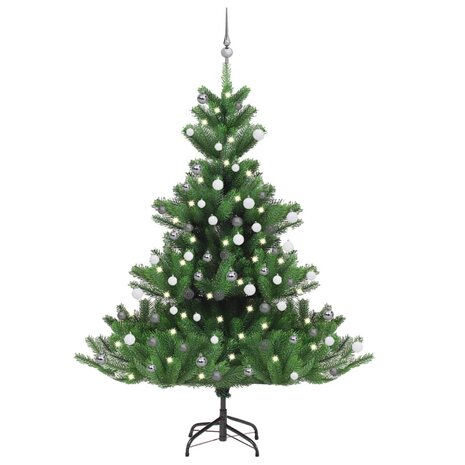 Kunstkerstboom Nordmann met LED&apos;s en kerstballen 180 cm groen 1