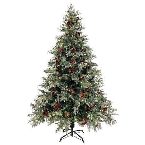 Kerstboom met LED en dennenappels 150 cm PVC en PE groen en wit 3