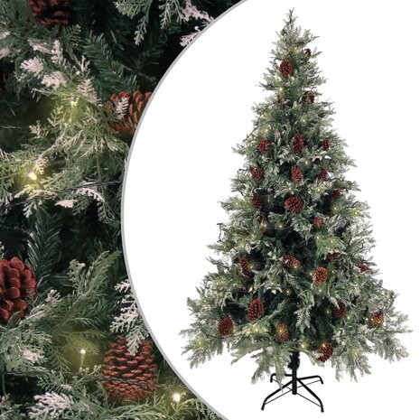 Kerstboom met LED en dennenappels 195 cm PVC en PE groen en wit 1