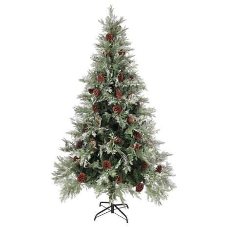 Kerstboom met LED en dennenappels 195 cm PVC en PE groen en wit 2