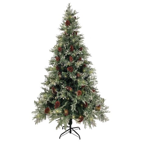 Kerstboom met LED en dennenappels 195 cm PVC en PE groen en wit 3