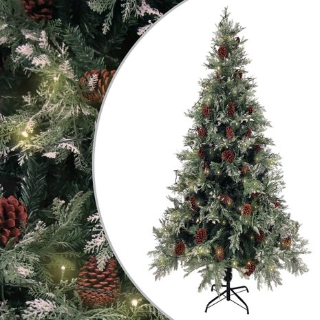 Kerstboom met LED en dennenappels 225 cm PVC en PE groen en wit 1