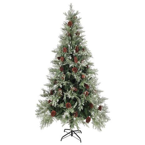 Kerstboom met LED en dennenappels 225 cm PVC en PE groen en wit 2