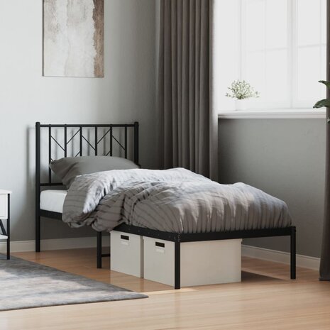 Bedframe met hoofdbord metaal zwart 75x190 cm 1