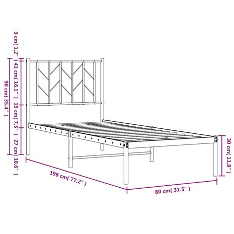 Bedframe met hoofdbord metaal zwart 75x190 cm 10