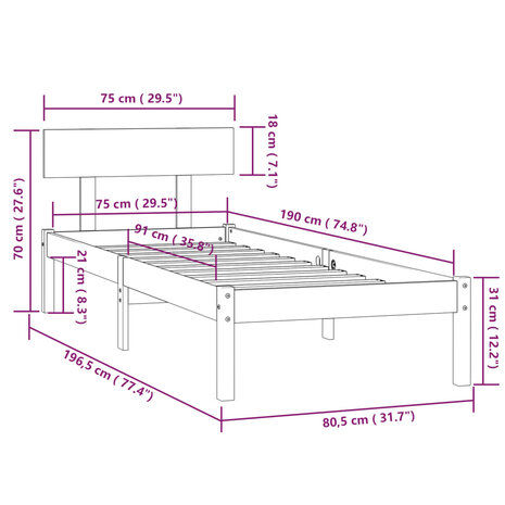 Bedframe massief hout 75x190 cm 9