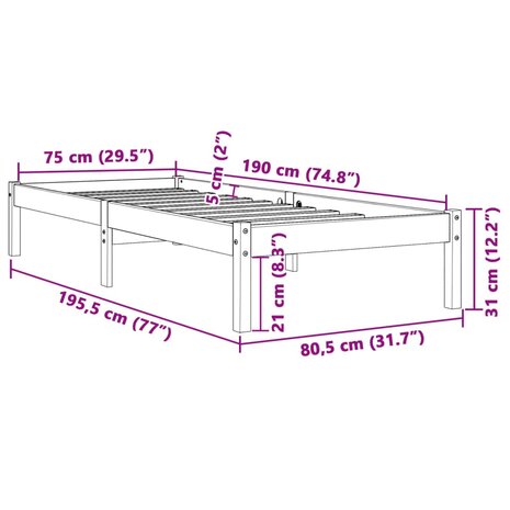 Bedframe massief grenenhout wasbruin 75x190 cm 8