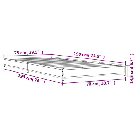 Bedframe bewerkt hout en metaal bruin eikenkleurig 75x190 cm 9