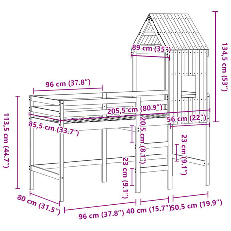 Halfhoogslaper met ladder en bedhuis grenenhout 80x200 cm 12