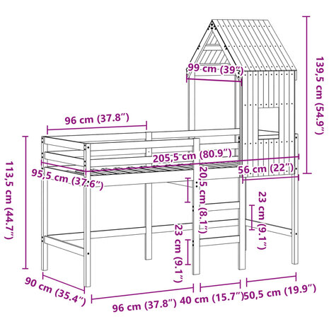 Halfhoogslaper met ladder en bedhuis grenenhout 90x200 cm 12