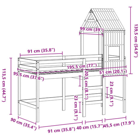 Halfhoogslaper met ladder en bedhuis grenenhout wit 90x190 cm 12