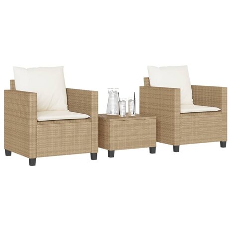 3-delige Bistroset met kussens poly rattan beige 1