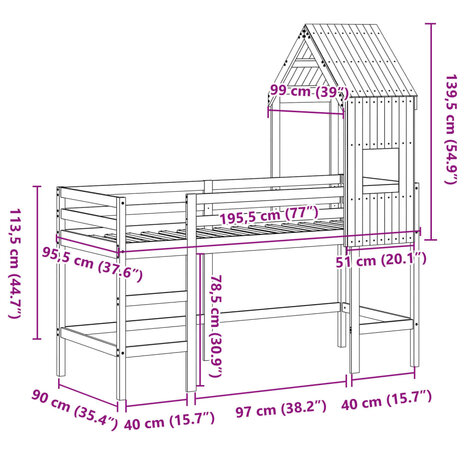 Halfhoogslaper met ladder en bedhuis grenenhout 90x190 cm 12