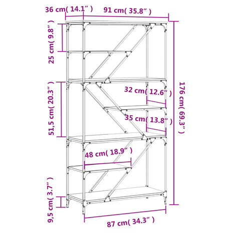 Boekenrek 91x36x176 cm bewerkt hout en staal zwart 9