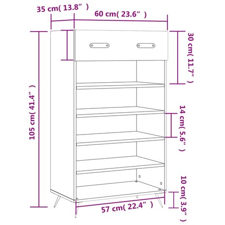 Schoenenkast 60x35x105 cm bewerkt hout grijs sonoma eikenkleur 12