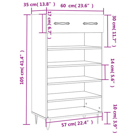 Schoenenkast 60x35x105 cm bewerkt hout grijs sonoma eikenkleur 12