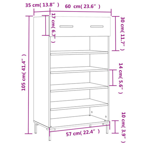 Schoenenkast 60x35x105 cm bewerkt hout wit 12