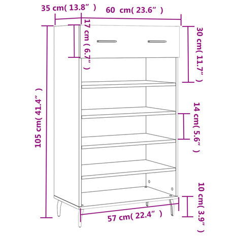 Schoenenkast 60x35x105 cm bewerkt hout bruin eikenkleur 12