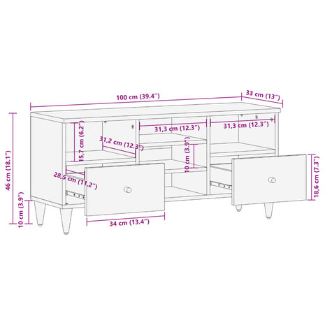 Tv-meubel 100x33x46 cm massief mangohout 11