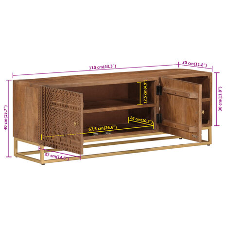 Tv-meubel 110x30x40 cm massief ruw mangohout en ijzer 9