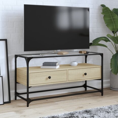 Tv-meubel met glazen blad 98x35x51 cm bewerkt hout sonoma eiken 1