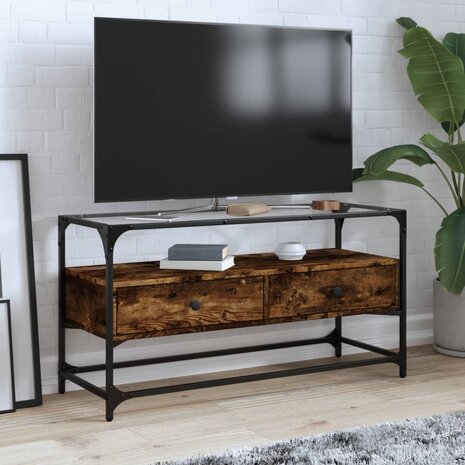 Tv-meubel met glazen blad 98x35x51 cm hout gerookt eikenkleurig 1