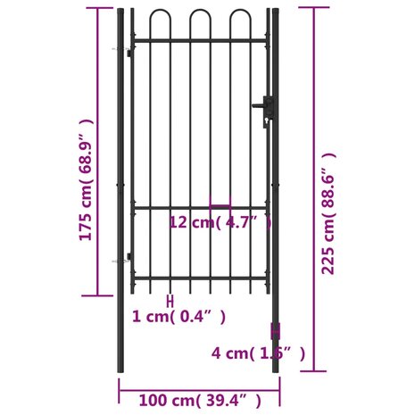 Poort met gebogen bovenkant enkel 1x1,75 m staal zwart 5