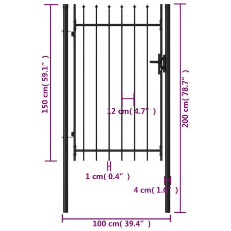 Poort met puntige bovenkant enkel 1x1,5 m staal zwart 5