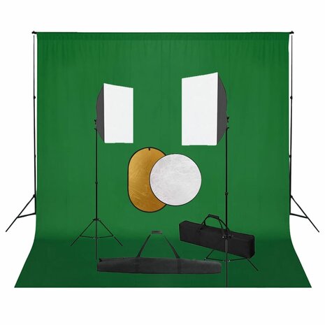 Fotostudioset met softboxlampen, achtergrond en reflector 1