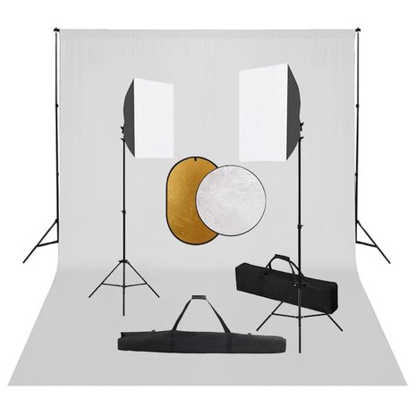 Fotostudioset met softboxlampen, achtergrond en reflector 1