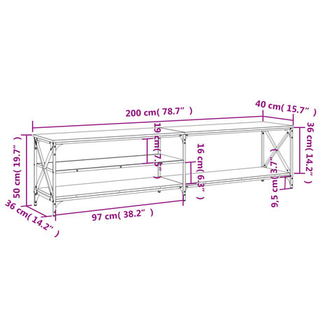 Tv-meubel 200x40x50 cm bewerkt hout metaal zwart 9