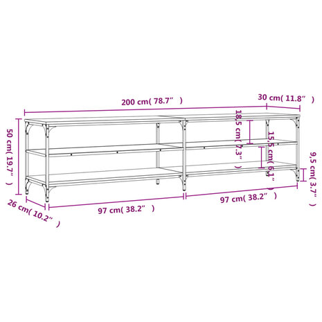 Tv-meubel 200x30x50 cm bewerkt hout metaal zwart 9