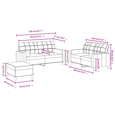 3-delige Loungeset met kussens stof crèmekleurig 10