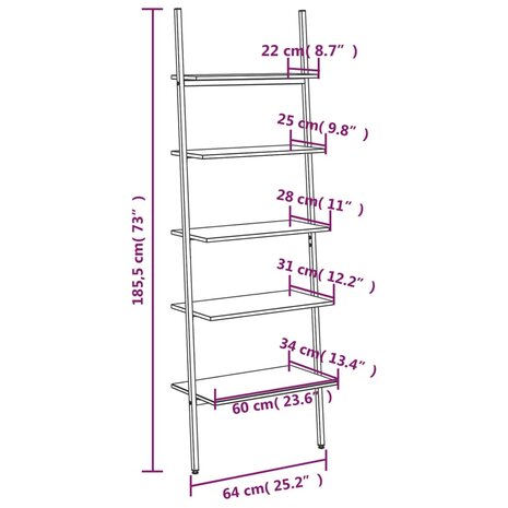 Ladderrek met 5 schappen 64x34x185,5 cm donkerbruin en zwart 8