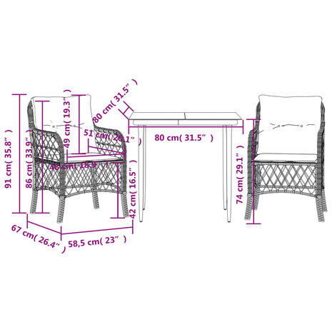 3-delige Bistroset met kussens poly rattan zwart 7