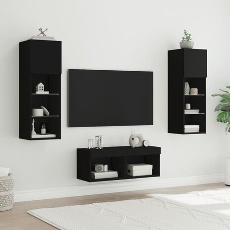 4-delige tv-wandmeubelset met LED-verlichting zwart 5