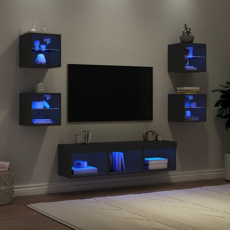 7-delige tv-wandmeubelset met LED bewerkt hout zwart 1