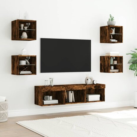 7-delige tv-wandmeubelset met LED bewerkt hout gerookt eiken 3