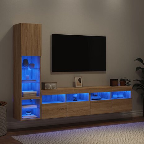 4-delige Tv-wandmeubelset met LED bewerkt hout sonoma eiken 4