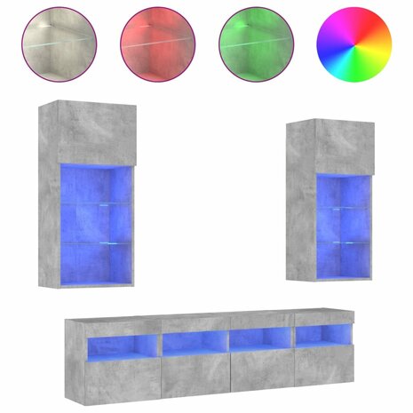 5-delige Tv-wandmeubelset met LED bewerkt hout betongrijs 2