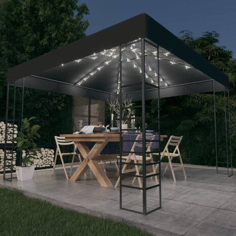 Tuinpaviljoen met LED-lichtslinger 3x3 m antracietkleurig 1