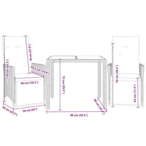 3-delige Bistroset met kussens poly rattan bruin 7