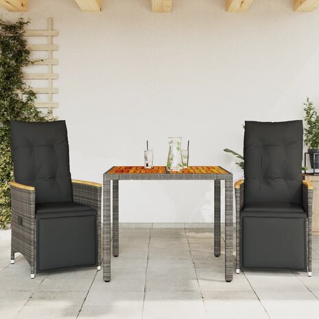 3-delige Bistroset met kussens poly rattan grijs 1