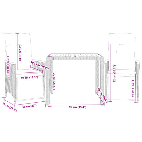 3-delige Bistroset met kussens poly rattan grijs 7