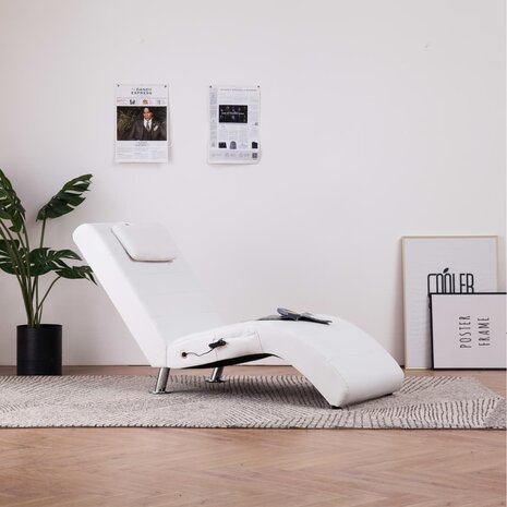 Massage chaise longue met kussen kunstleer wit 1