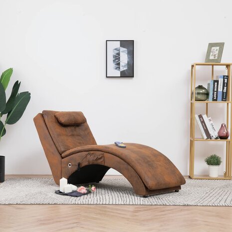 Massage chaise longue met kussen kunstsuède bruin 1