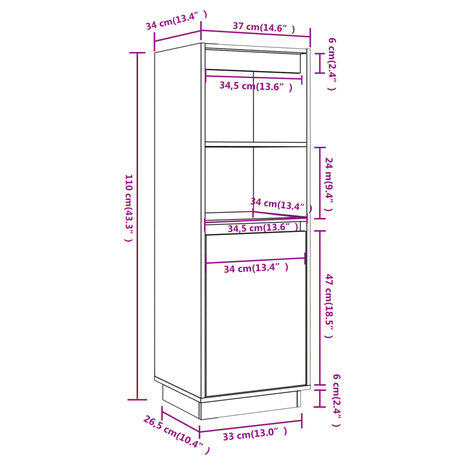 Hoge kast 37x34x110 cm massief grenenhout zwart 9