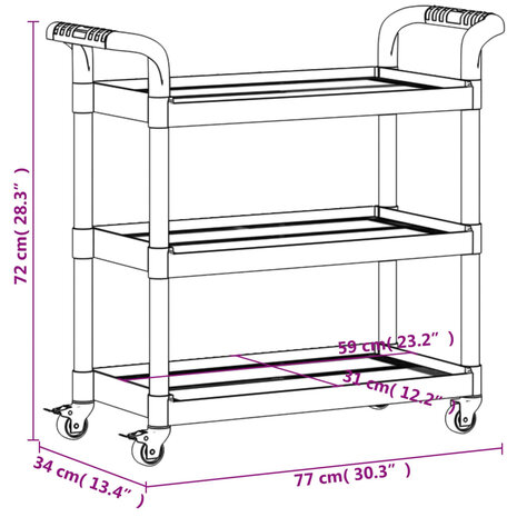 Trolley 3-laags 77x34x72 cm aluminium grijs 9