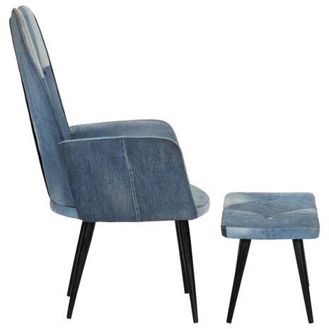 Fauteuil met voetensteun patchwork canvas blauw denim 3