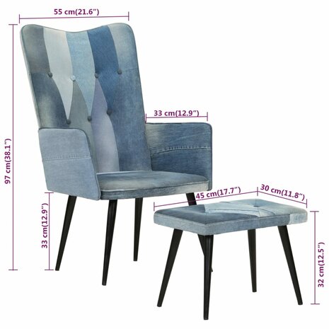 Fauteuil met voetensteun patchwork canvas blauw denim 10